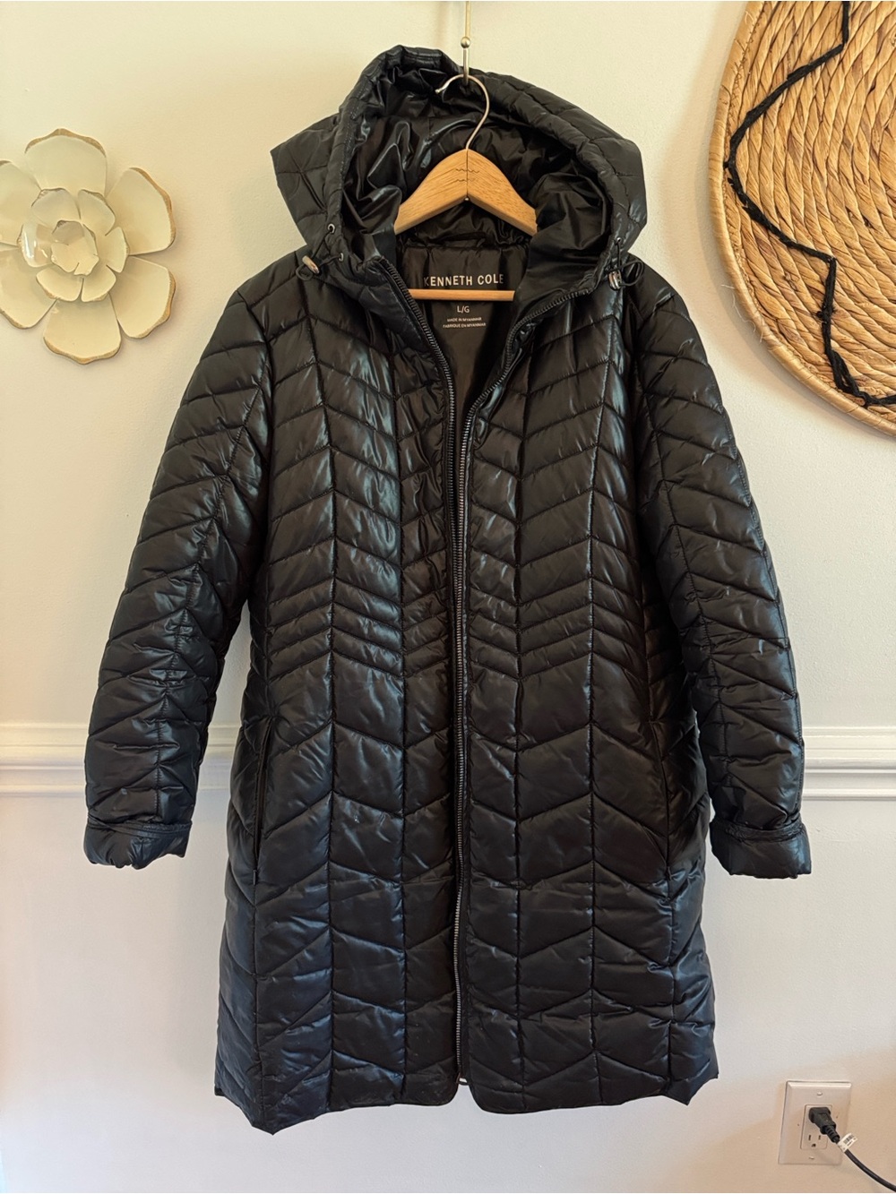 Kenneth Cole Long Black Quilted Hooded Puffer Coat